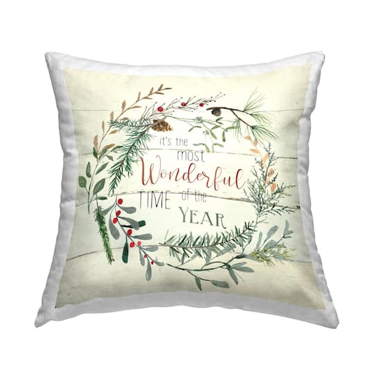 Stupell Industries Wonderful Time of Year Holiday Wreath Throw Pillow